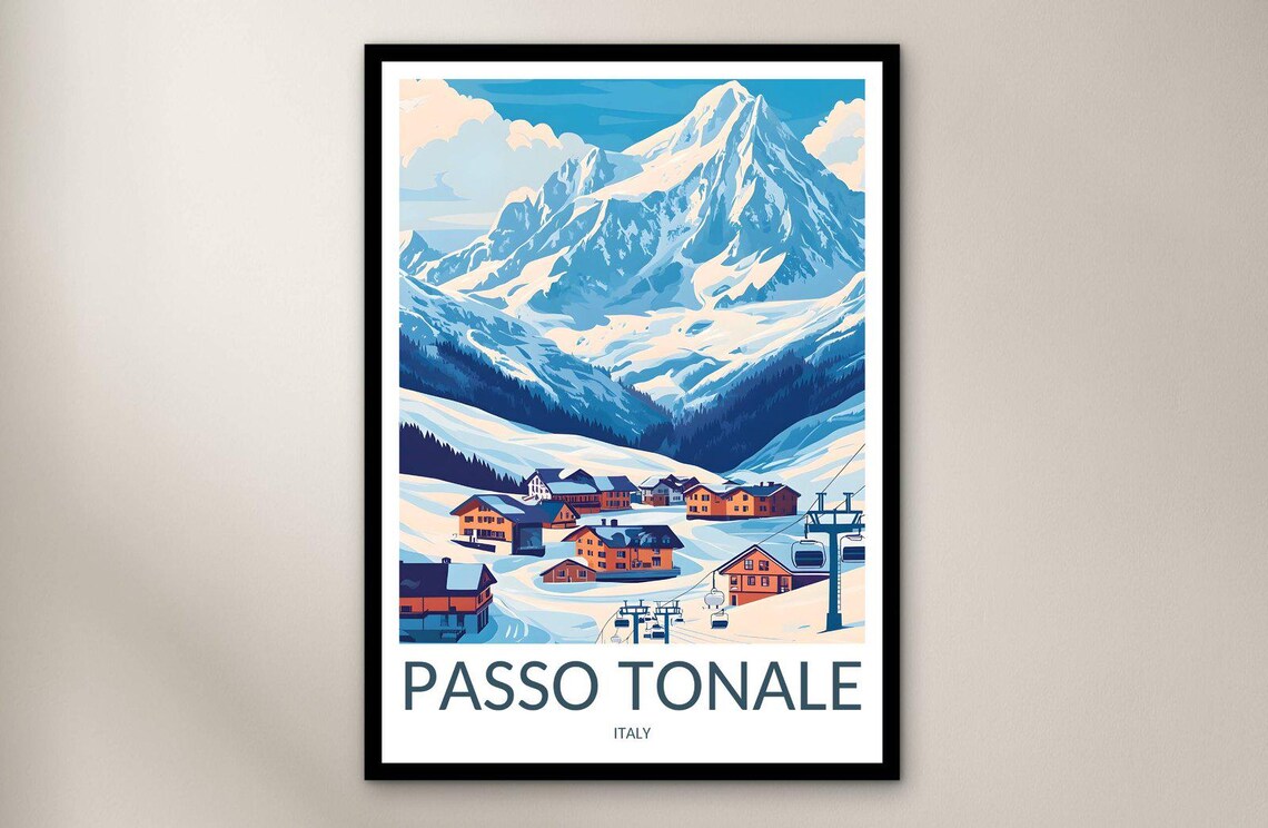 Passo Tonale Italy Ski Resort Snowy Alpine Village Travel Poster