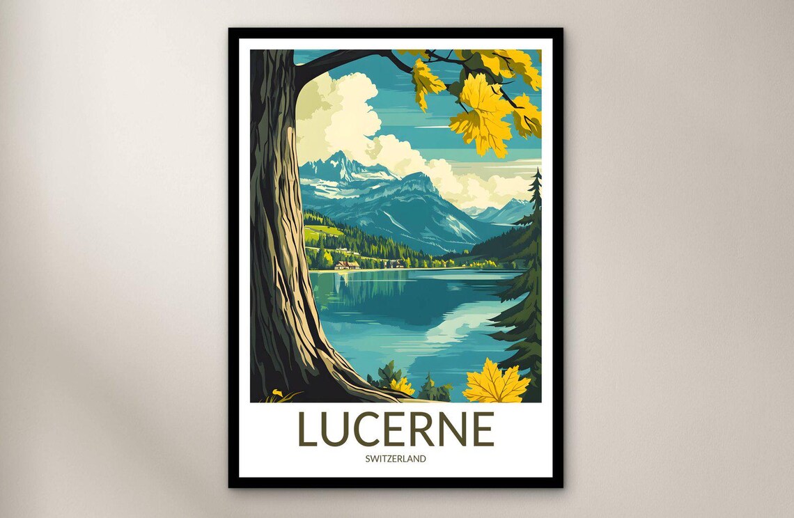 Lucerne Switzerland Alpine Lake Autumn Foliage View Travel Poster