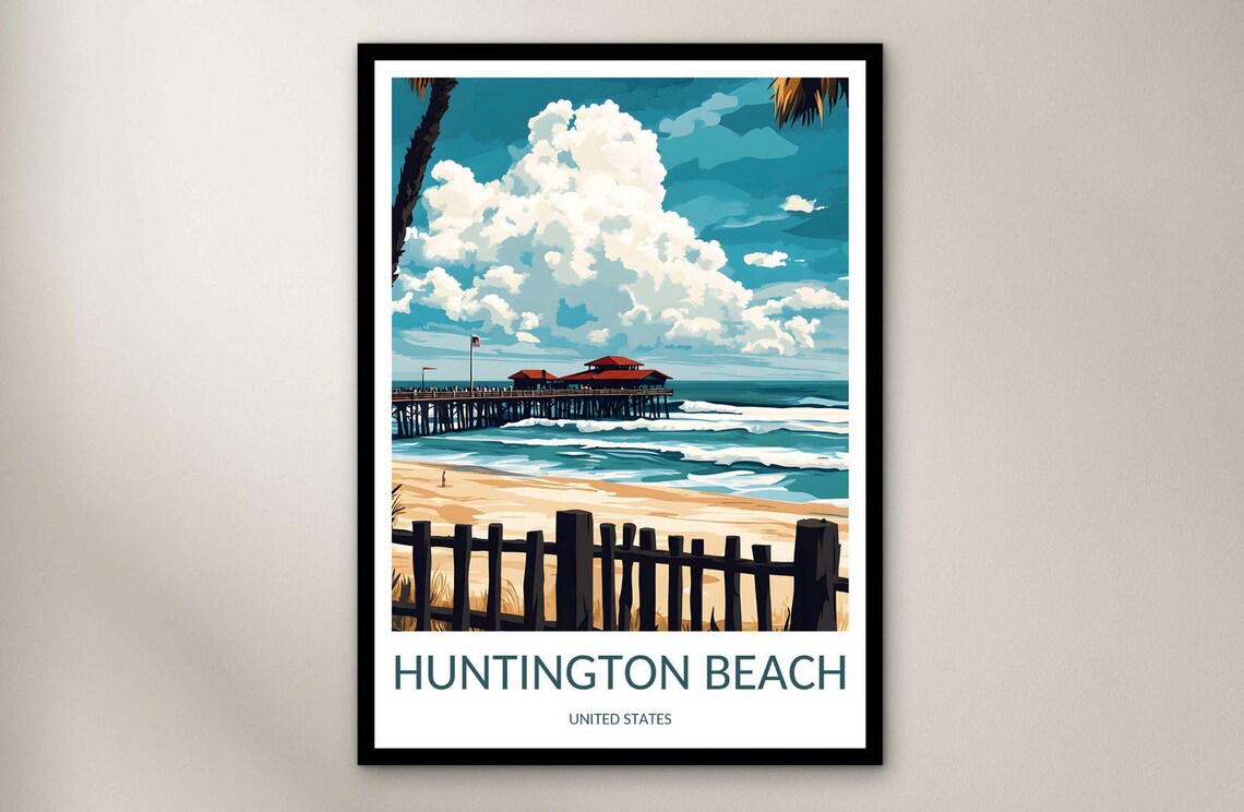 Huntington Beach Pier Ocean Waves Wooden Fence Travel Poster Art