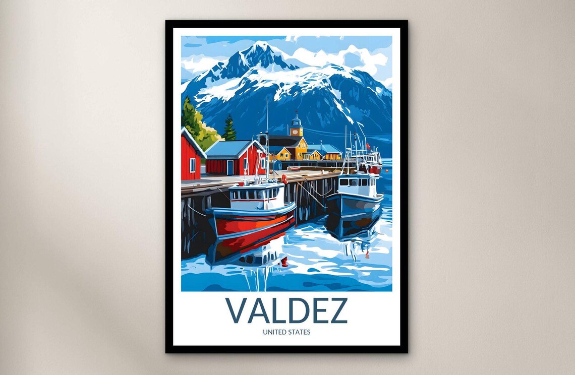 Valdez Alaska Harbor Two Fishing Boats Town Clock Travel Poster