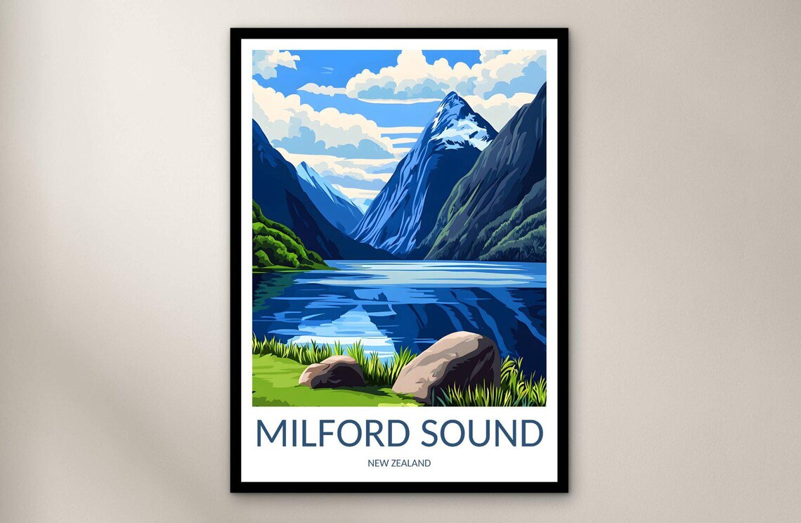 Milford Sound New Zealand Fjord Snowy Peak Lakeside Scenic Poster