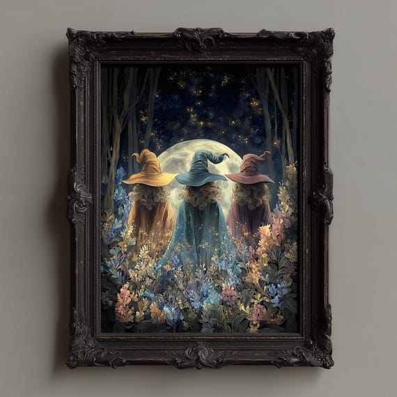 Witches Beneath The Full Moon In A Forest Of Wildflowers Art Print Magical Coven Mystical Beautiful Floral Witch Wall Decor