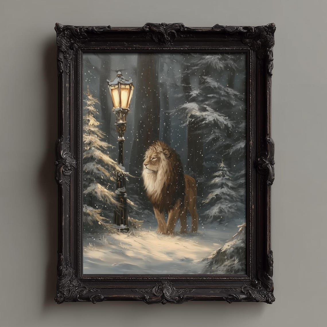 Majestic Lion By Snowy Lamppost Winter Forest Fantasy Poster