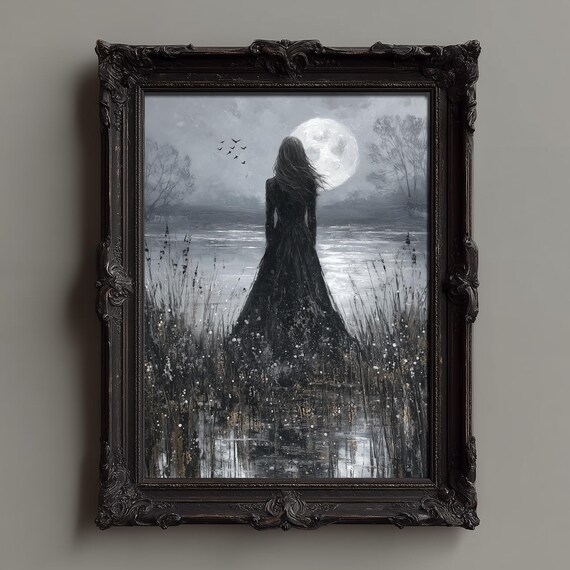 Witch Silhouette by the Lake Under a Full Moon Gothic Night Poster