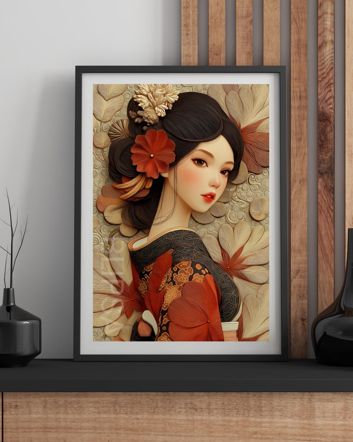 Japanese Woman in Kimono with Red Flower Elegant Portrait Poster