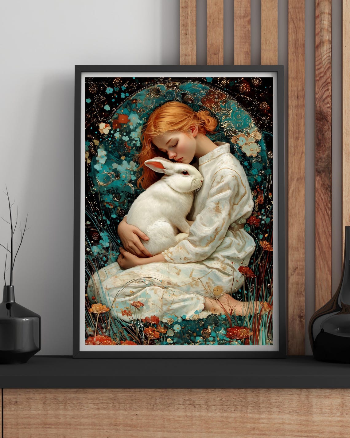 Red Haired Girl Hugging White Rabbit Blooming Floral Fantasy Print