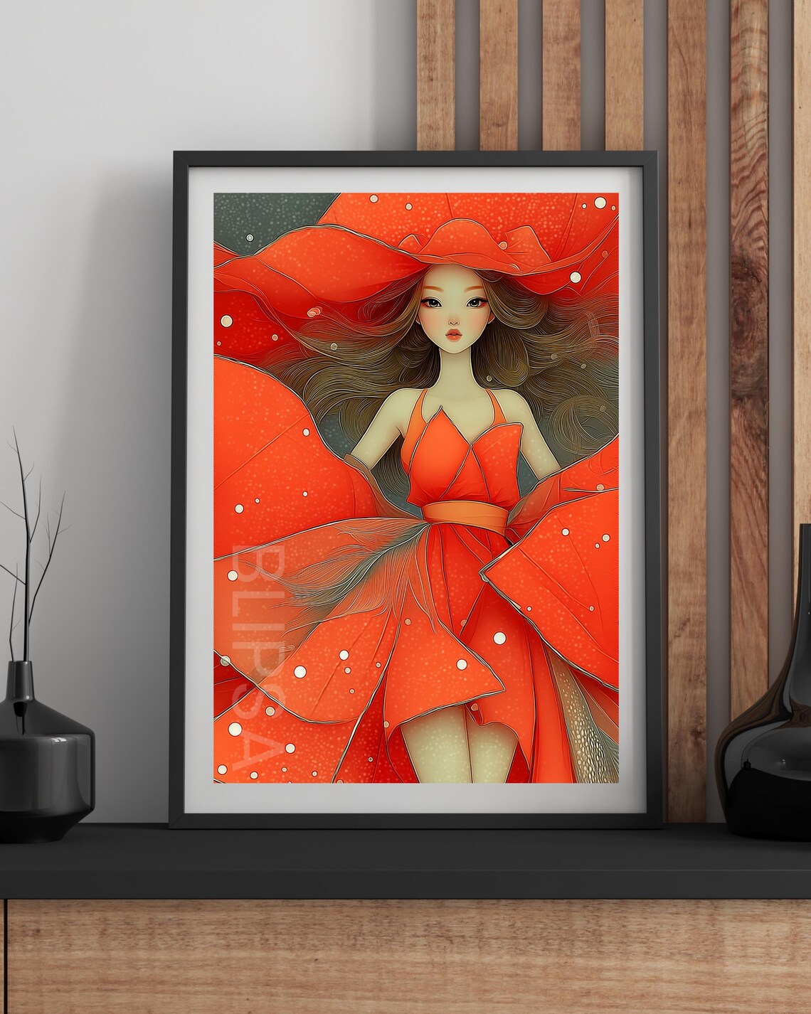 Woman in a Flowing Red Dress Fantasy Feminine Portrait Poster