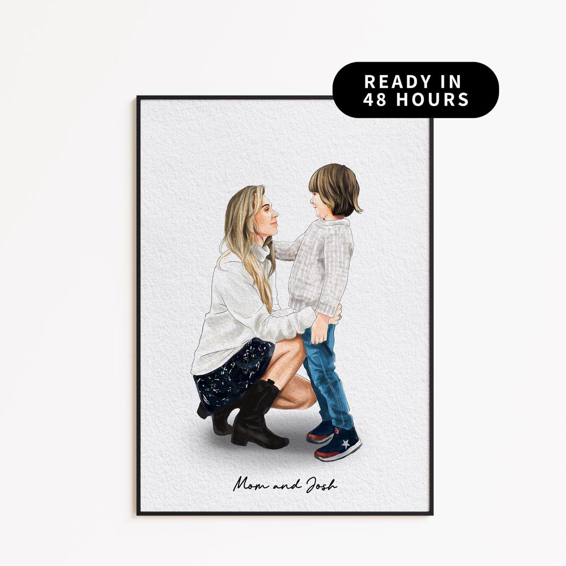 Custom Watercolor Family Portrait Art Print, Mom and Children