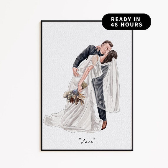 Custom Watercolor Wedding Kiss Dip Portrait Love Moment Print