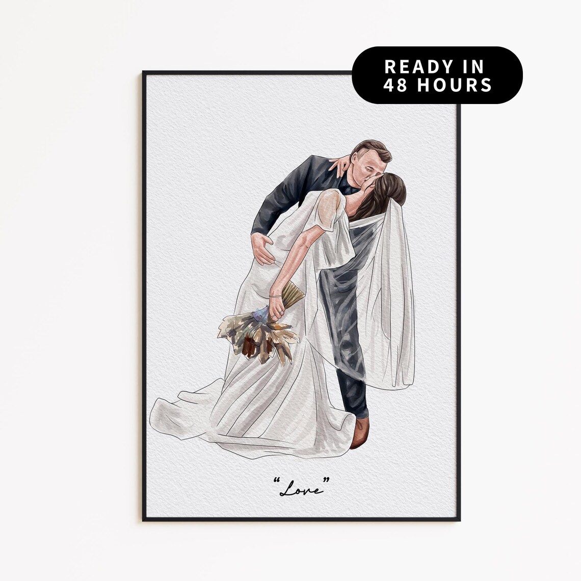 Custom Watercolor Wedding Kiss Dip Portrait Love Moment Print