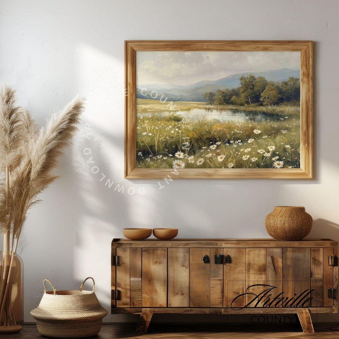 Daisy Meadow Pond Mountains Vintage Wildflower Landscape Poster - Image 2