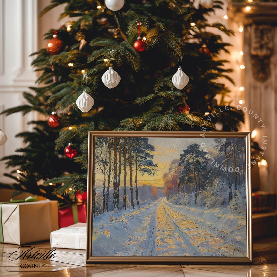 Snowy Forest Road Sunrise Pine Trees Impressionist Oil Painting Poster - Image 4