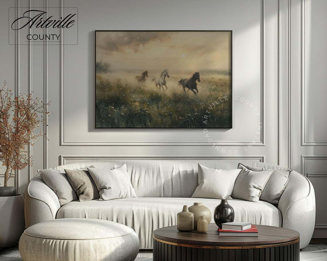 Vintage Horses Oil Painting, Pastoral Farmhouse Art Print - Image 3
