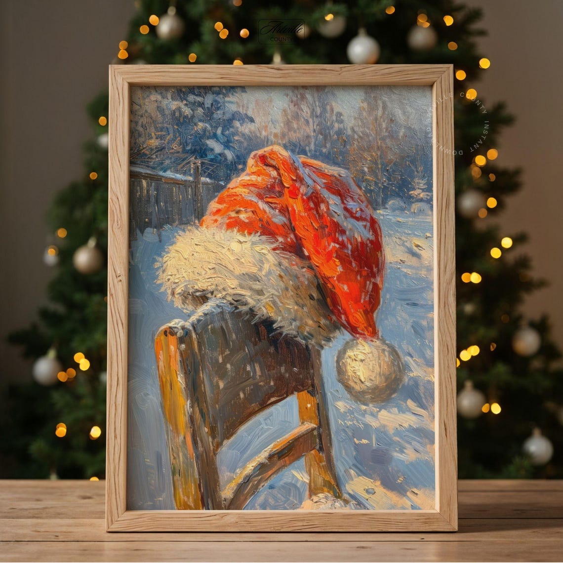 Rustic Santa Hat Christmas Painting Snowy Winter Impressionist Wall Art