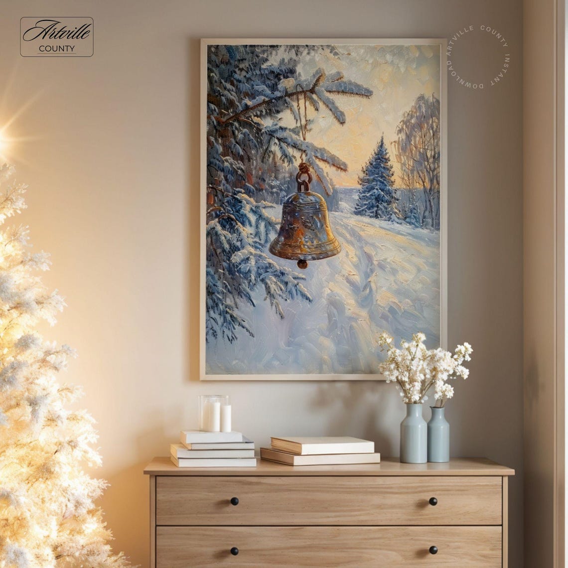 Antique Christmas Bell Snowy Winter Landscape Oil Painting Style Poster