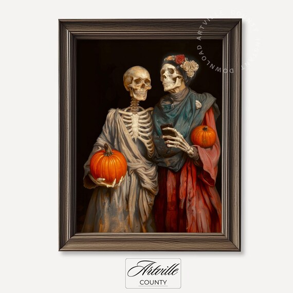 Skeleton Couple Halloween Print Whimsigoth Pumpkin Painting Wall Art Dark Academia Decor Moody Poster