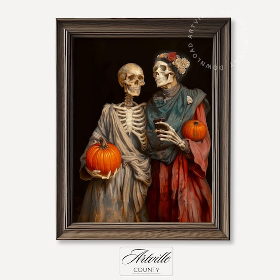 Skeleton Couple Pumpkins Halloween Dark Academia Oil Painting Poster