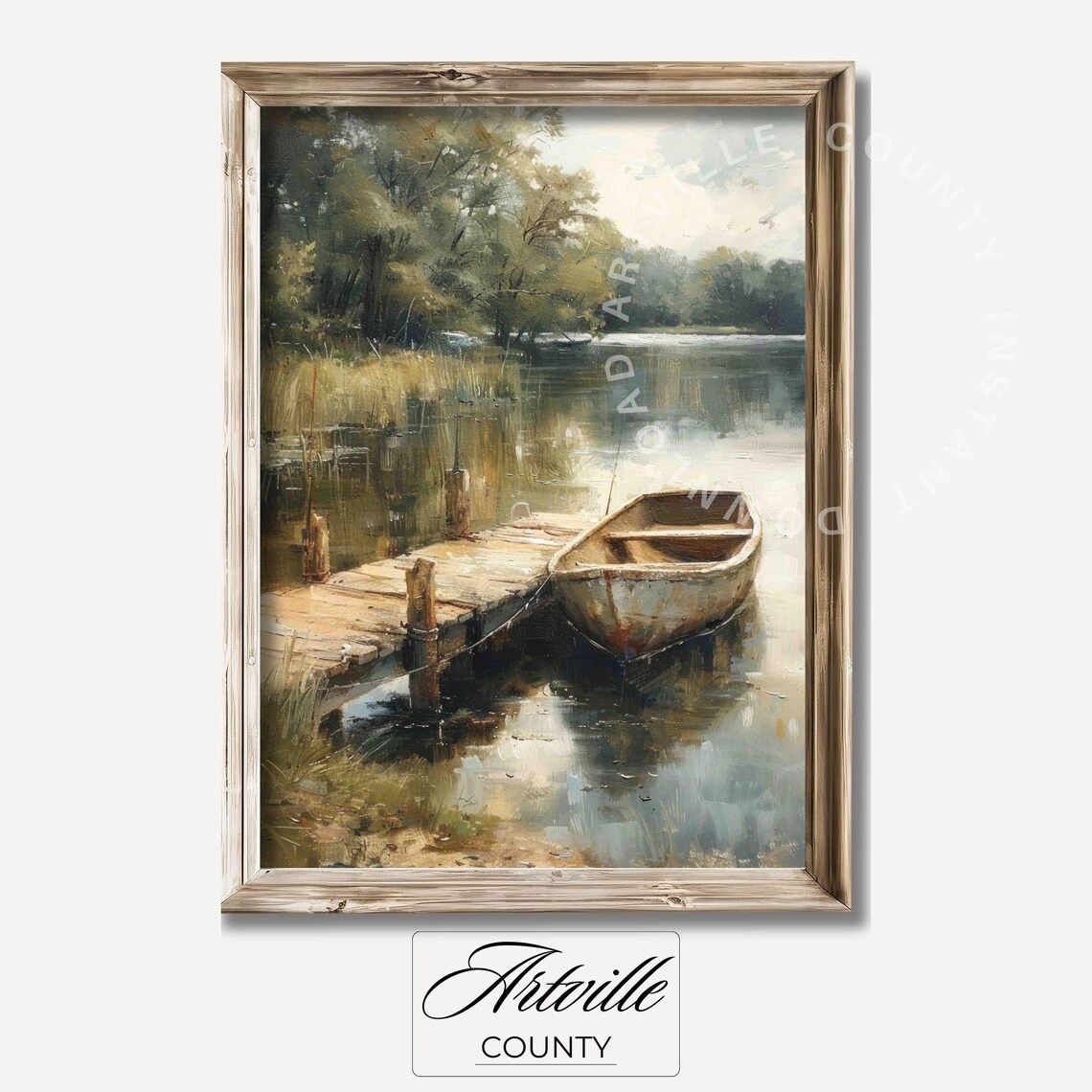 Vintage Fishing Boat Painting, Farmhouse Landscape Art Print