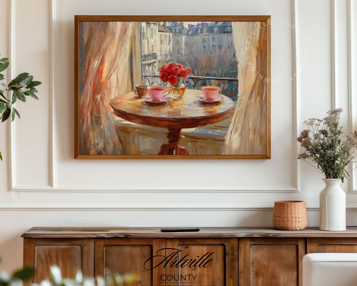 Coffee Roses Sunlit Window Vintage European Cafe Painting Poster - Image 4