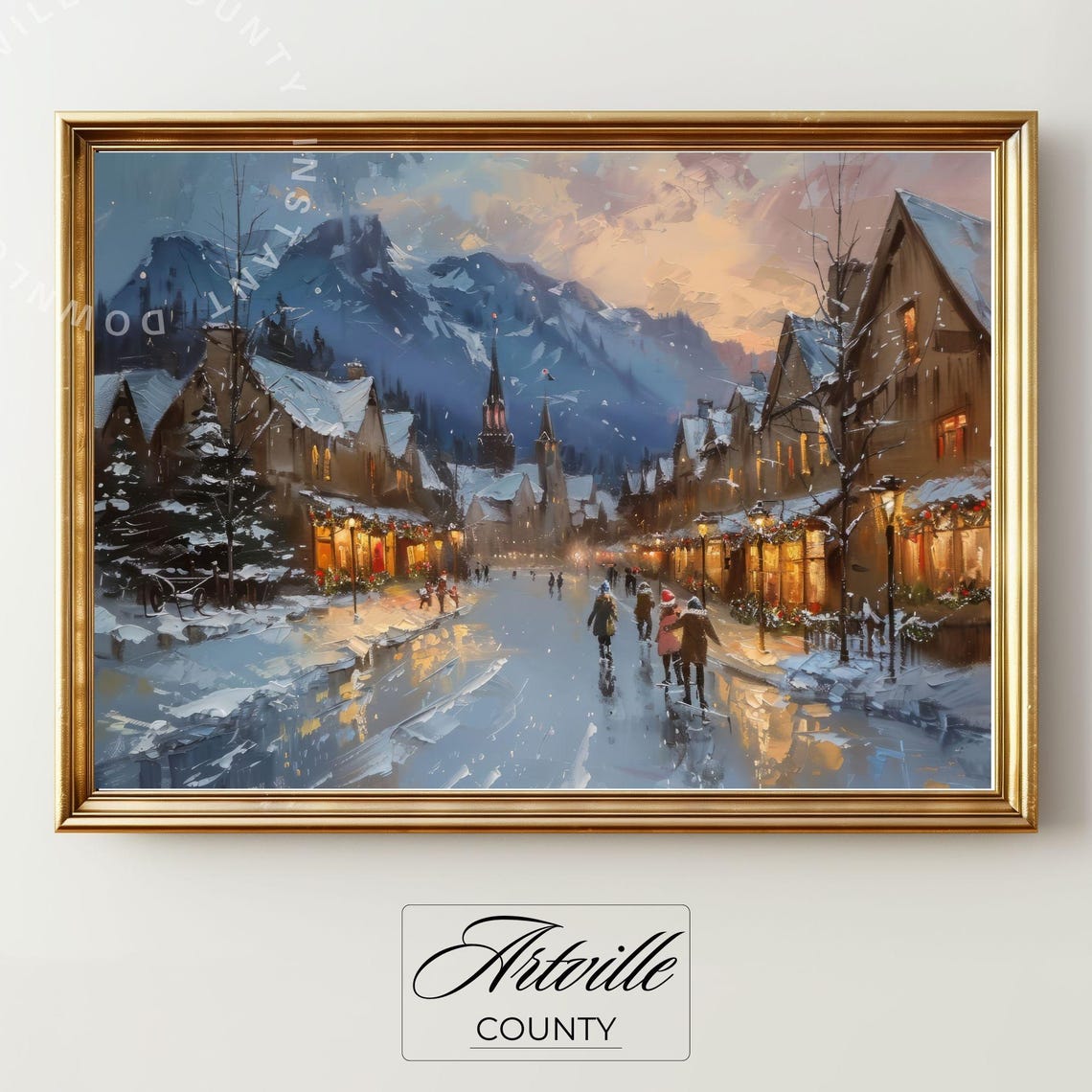 Snowy Christmas Town Street at Dusk with Glowing Shops Poster - Image 2