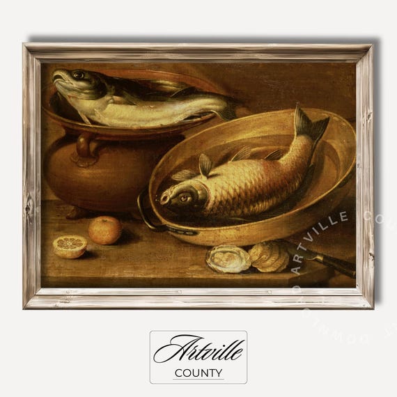 Vintage Fish Still Life Print Rustic Kitchen Wall Art Antique Food Painting Old Master Artwork Dining Decor