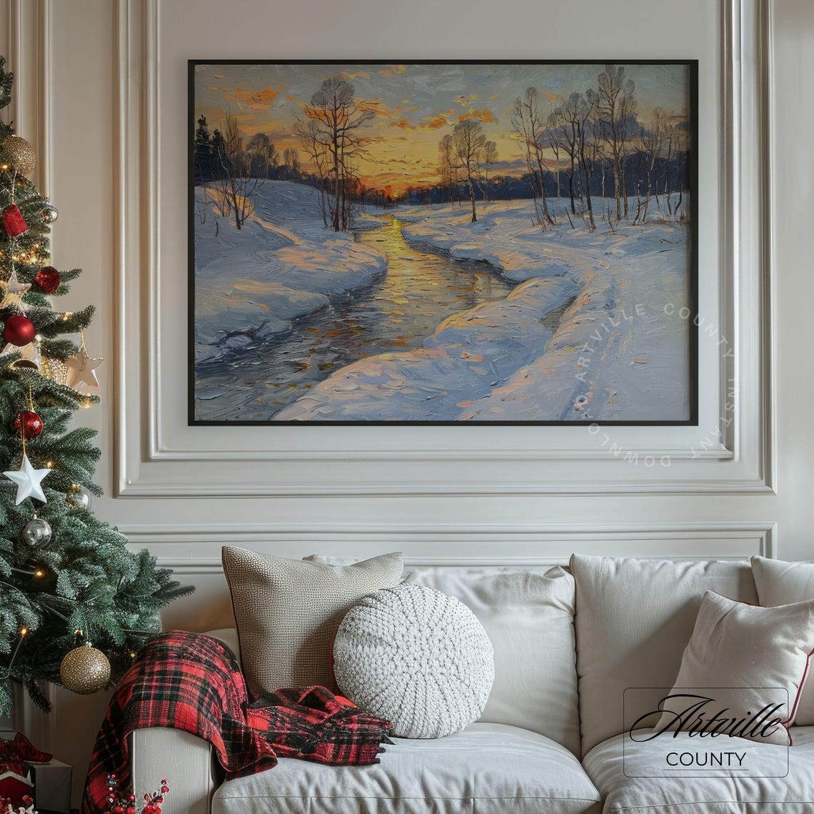 Golden Sunset Winter River Snowy Meadow Impressionist Art Poster - Image 3