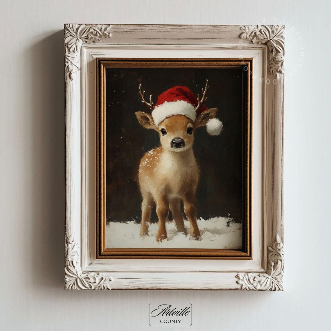 Cute Baby Reindeer Santa Hat Christmas Wall Art Winter Snow Fawn Holiday Fun