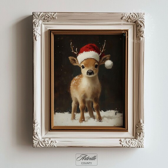 Cute Baby Reindeer Santa Hat Christmas Wall Art Winter Snow Fawn Holiday Fun