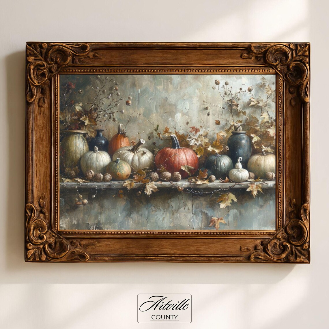 Vintage Pumpkins Painting, Rustic Autumn Still Life Art Print