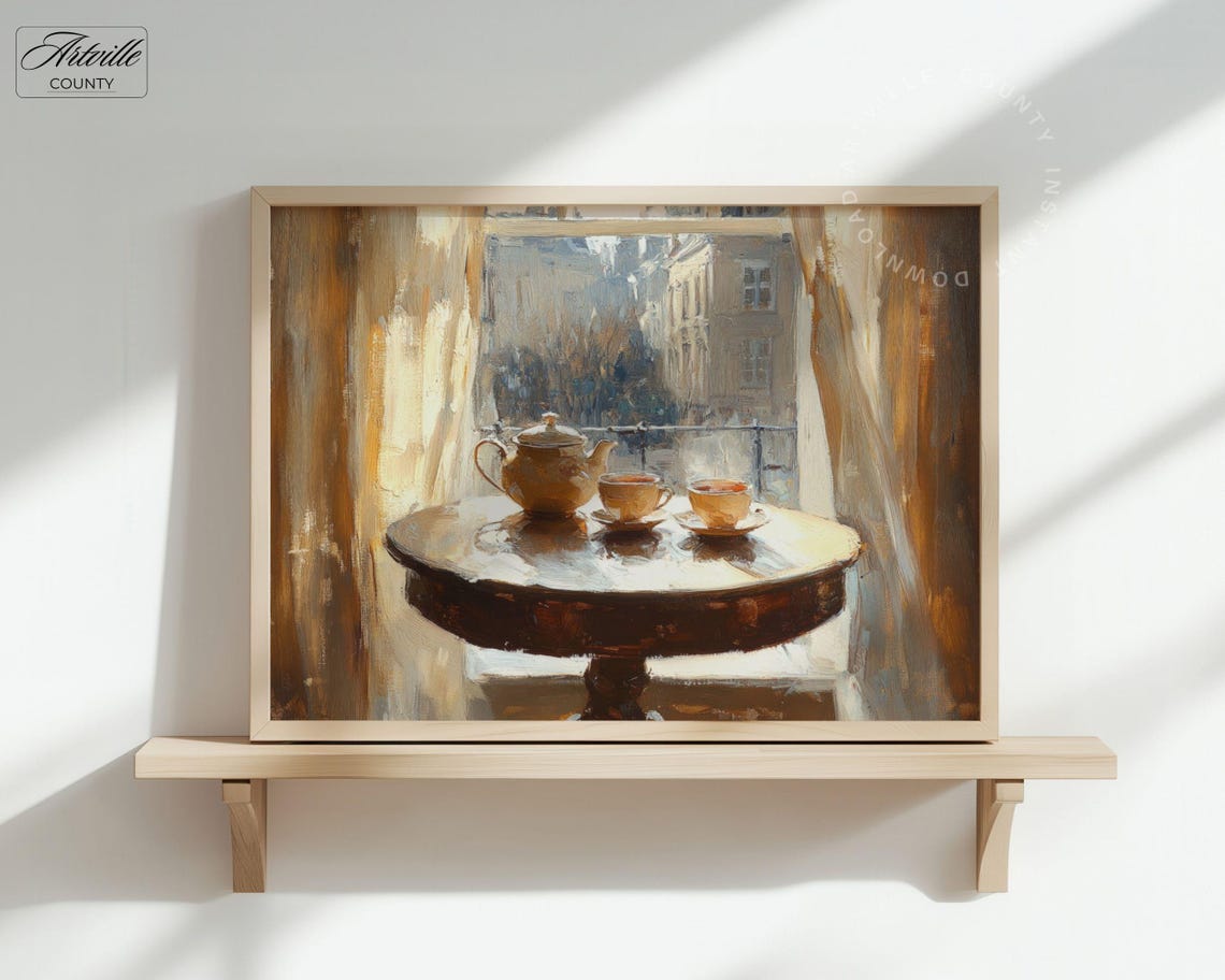 Tea Time Window View Vintage Teapot Still Life Painting Poster - Image 2