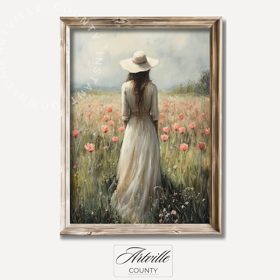 Tulip Field Painting Girl In Nature Art Print