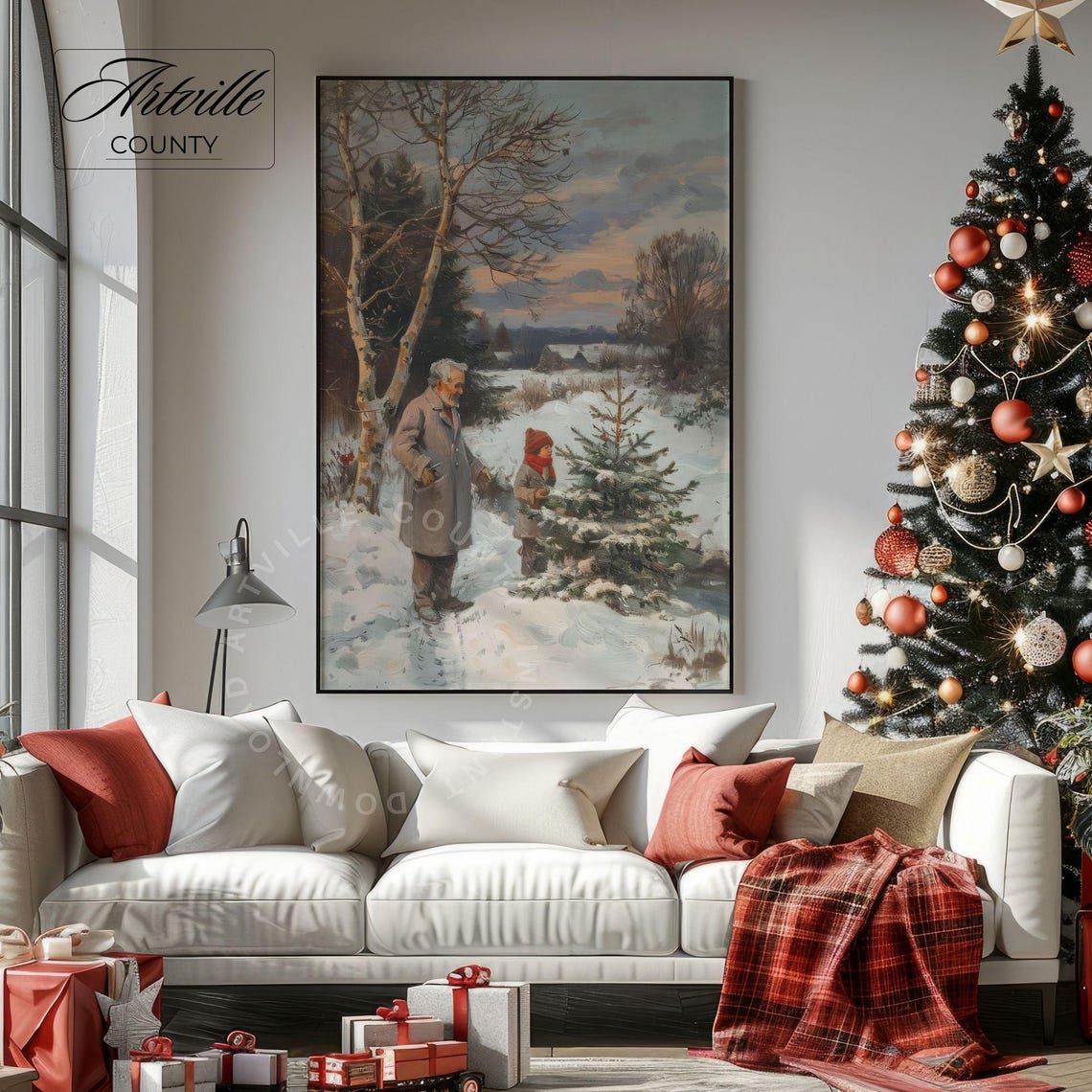 Grandfather and Child Choosing Christmas Tree Snowy Field Poster - Image 5