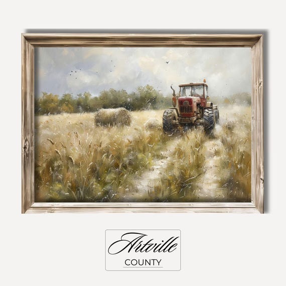 Rustic Tractor Painting Farmhouse Wall Art Vintage Farm Art Print Countryside Field Wall Art Farming Scene Art Print
