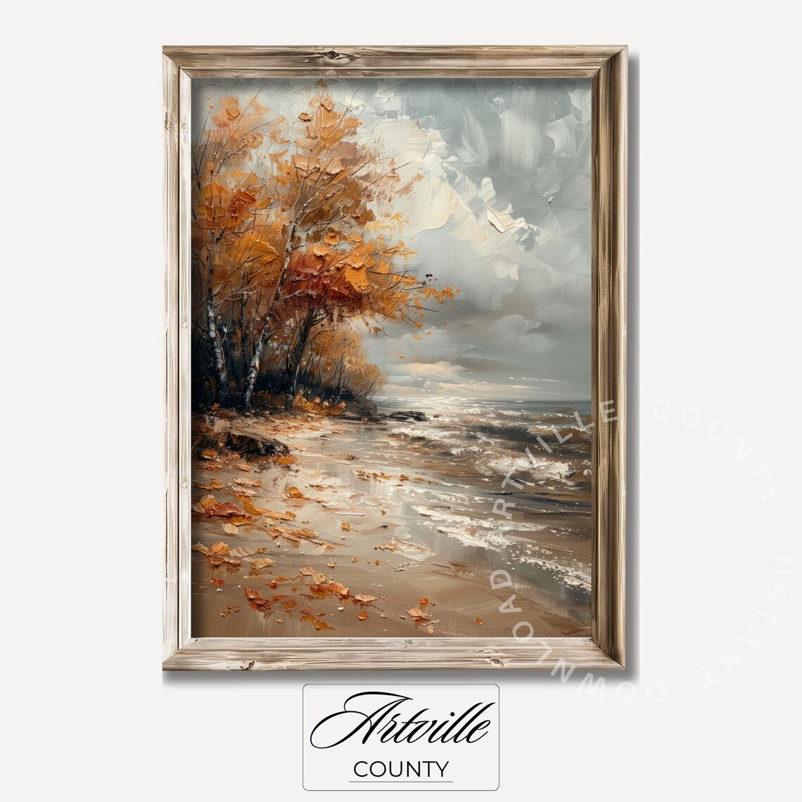 Fall Coastal Landscape Painting, Moody Autumn Seascape