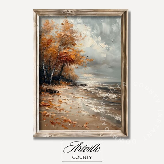 Fall Coastal Landscape Painting, Moody Autumn Seascape