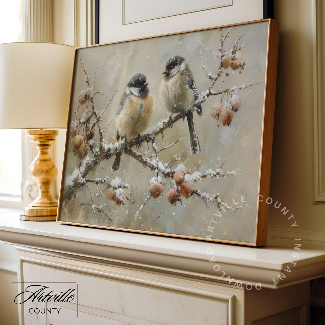 Birds Winter Vintage Oil Painting Christmas Wall Art - Image 2