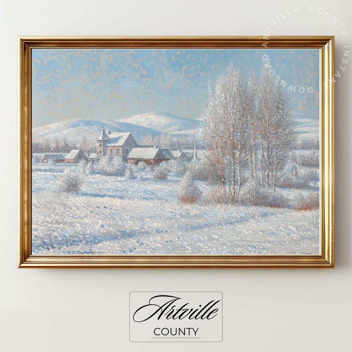 Snow Covered Village Church in Frosted Winter Landscape Poster - Image 3