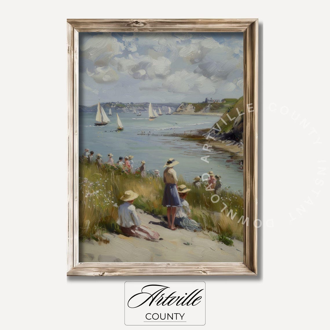 Vintage Regatta Sailboats Seaside Cliff Crowd Impressionist Poster