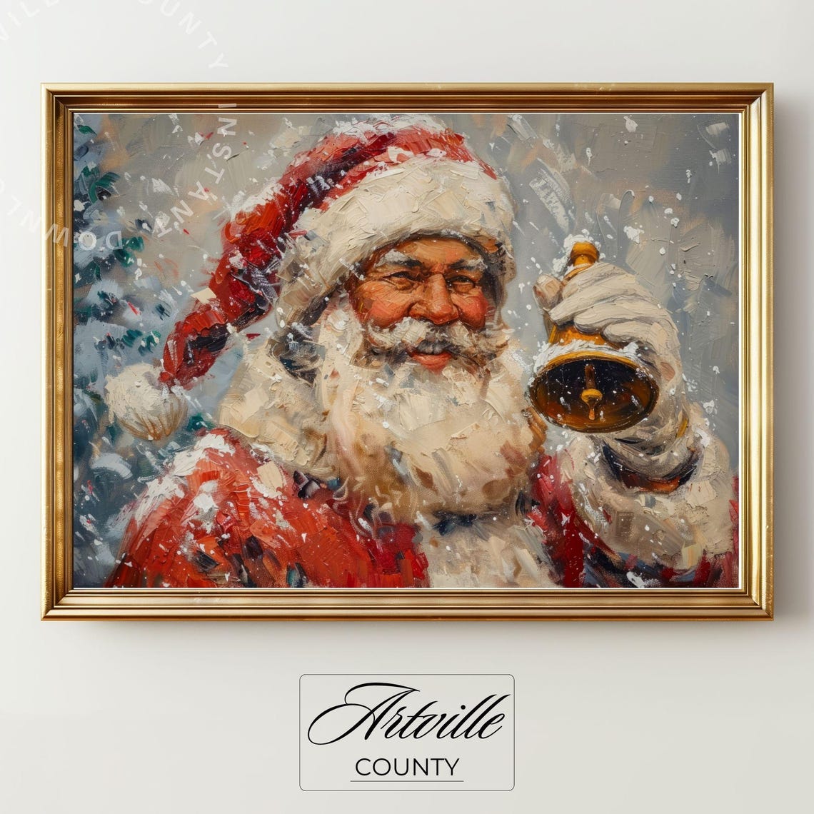 Jolly Santa Claus with Bell Snowfall Vintage Christmas Poster - Image 2