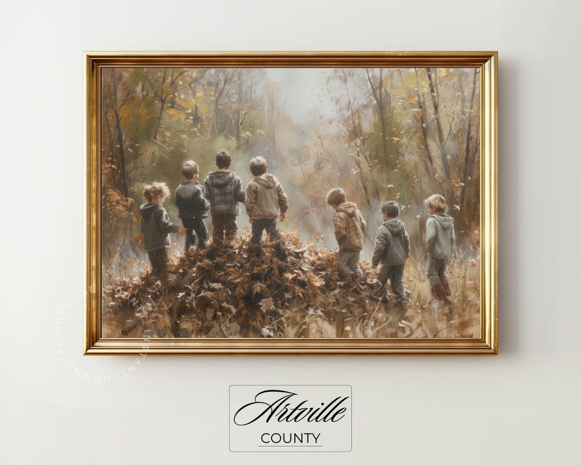 Children Playing in Autumn Leaves Nostalgic Fall Painting Poster - Image 2