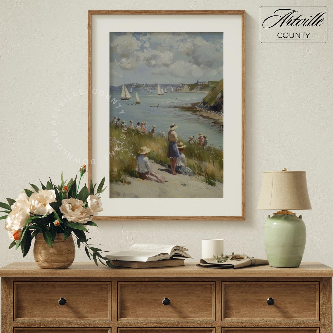 Vintage Regatta Sailboats Seaside Cliff Crowd Impressionist Poster - Image 4