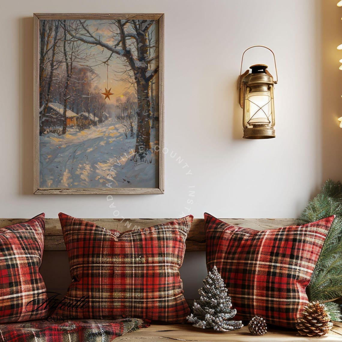 Glowing Christmas Star Hanging Over Snowy Woods Sunset Winter Poster - Image 4