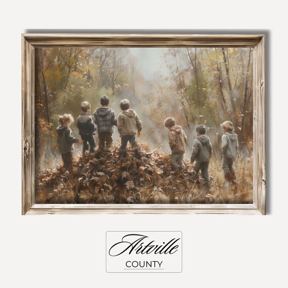 Children Playing in Autumn Leaves Nostalgic Fall Painting Poster