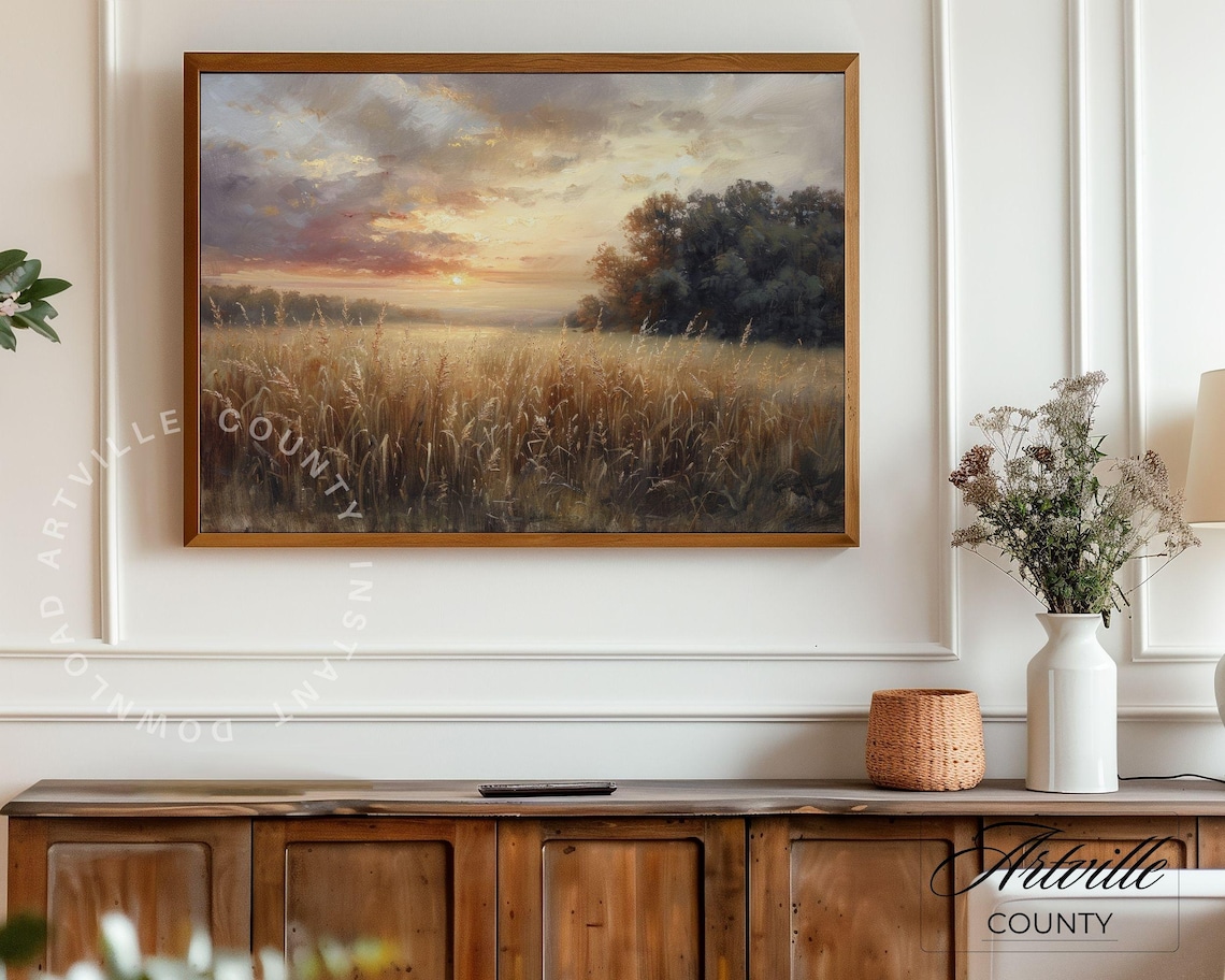 Vintage Country Landscape Painting, Rustic Autumn Sunset - Image 3