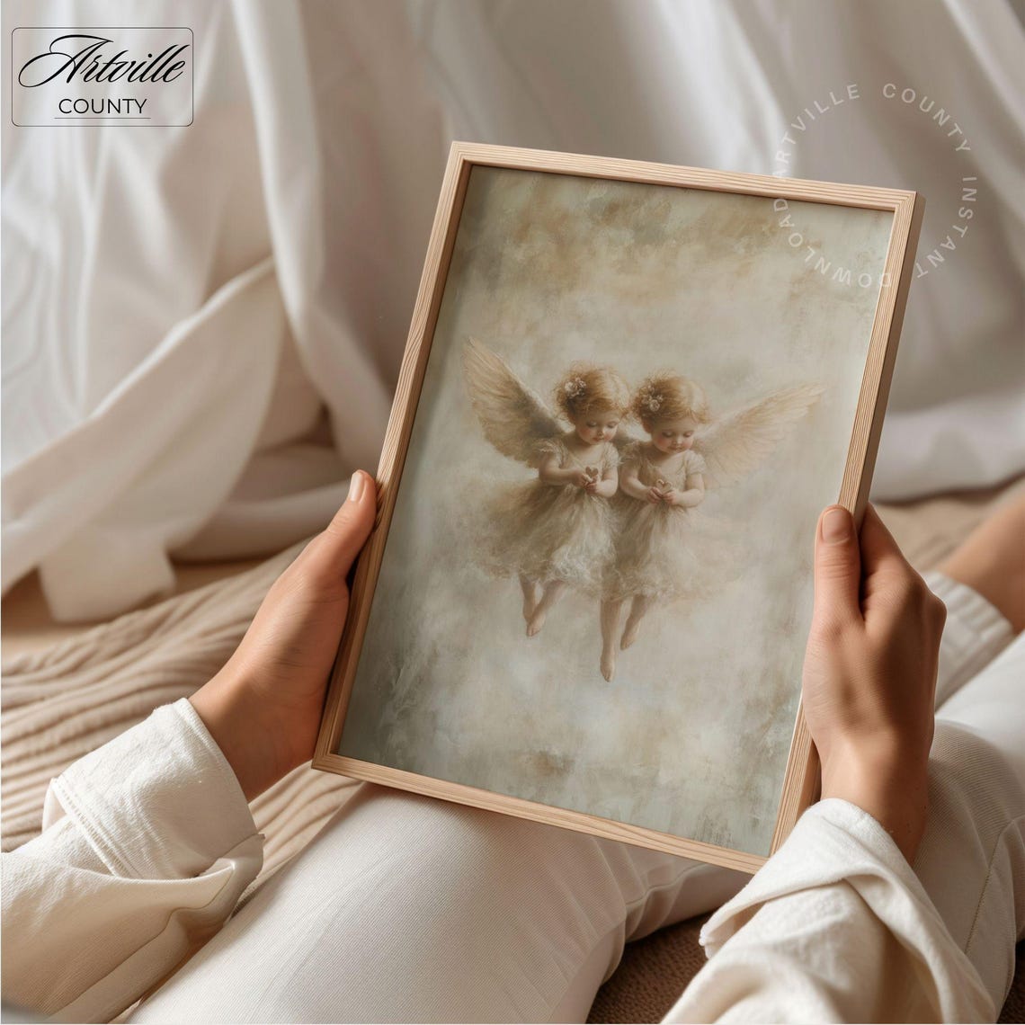 Two Little Angels Floating In Soft Clouds Vintage Nursery Poster - Image 4