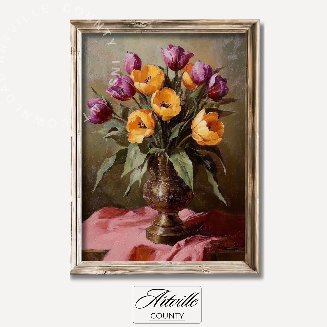 Yellow Purple Tulips Bronze Vase Vintage Oil Painting Poster