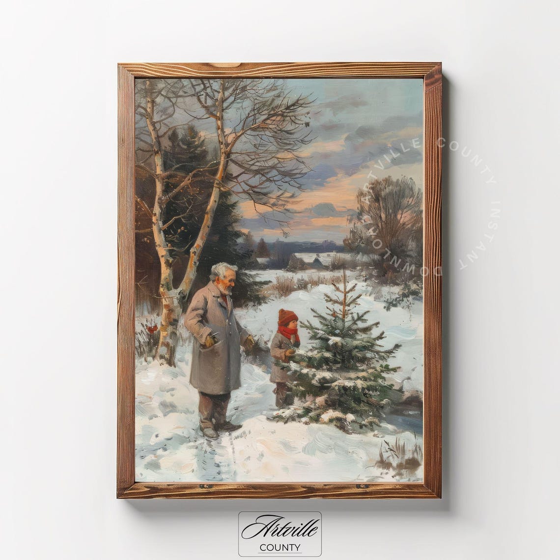 Grandfather and Child Choosing Christmas Tree Snowy Field Poster - Image 3
