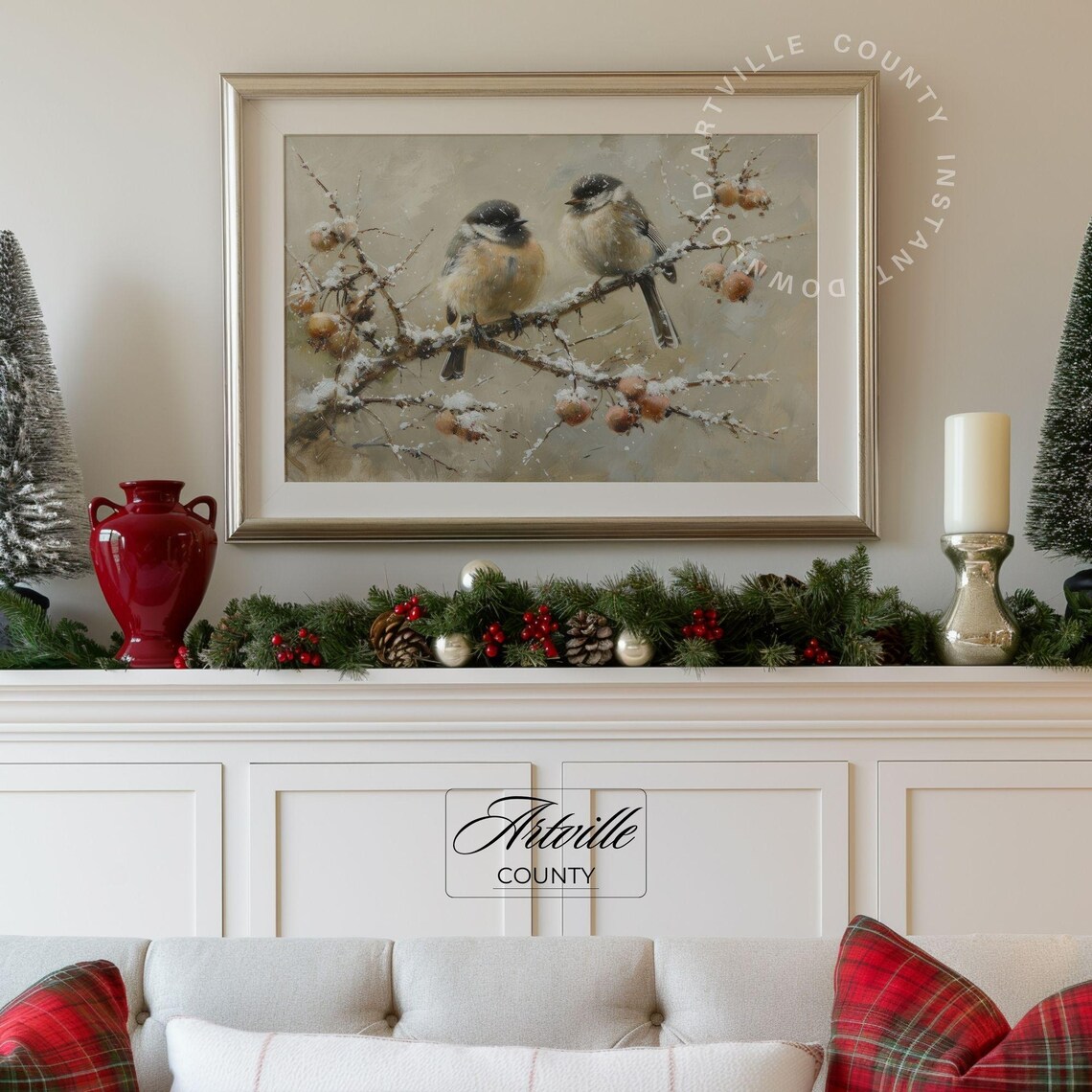 Birds Winter Vintage Oil Painting Christmas Wall Art - Image 4