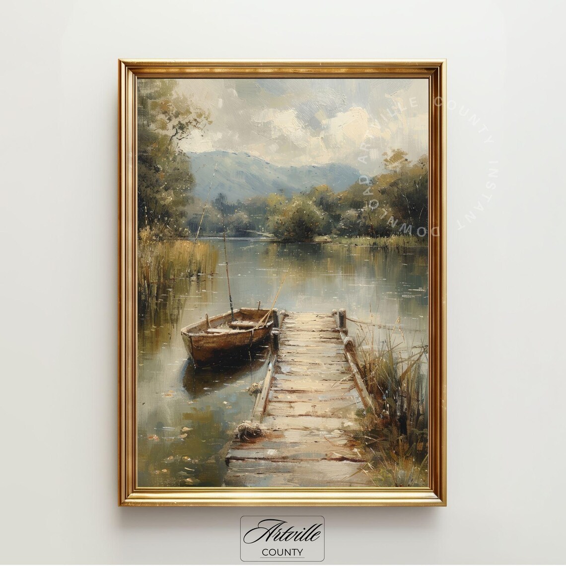 Fishing Boat Oil-Painting Vintage Farmhouse Landscape - Image 2