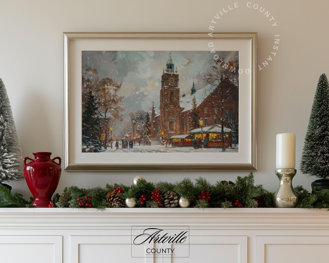 Snowy Christmas Market By The Church Night Scene Wall Poster - Image 4
